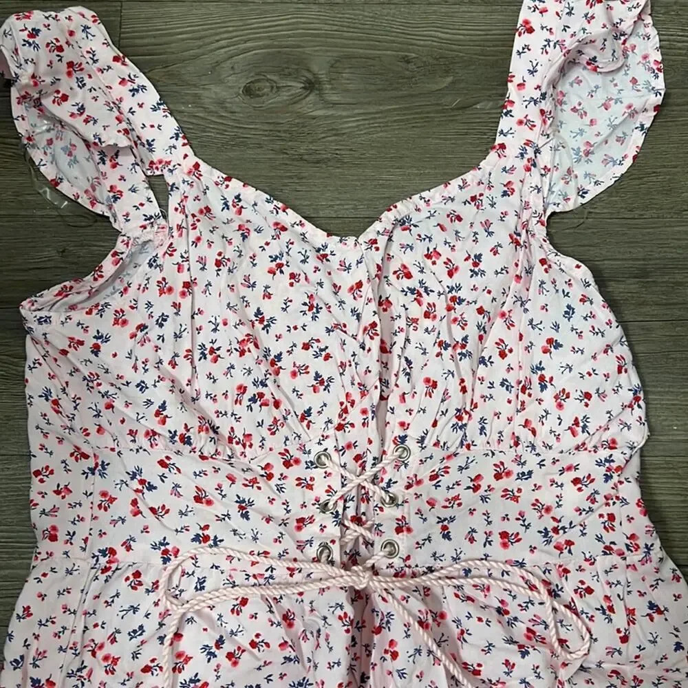 Arizona Jean Co. Sleeveless Pink Floral Romper w/ Lace-up Detail - Picture 2 of 7